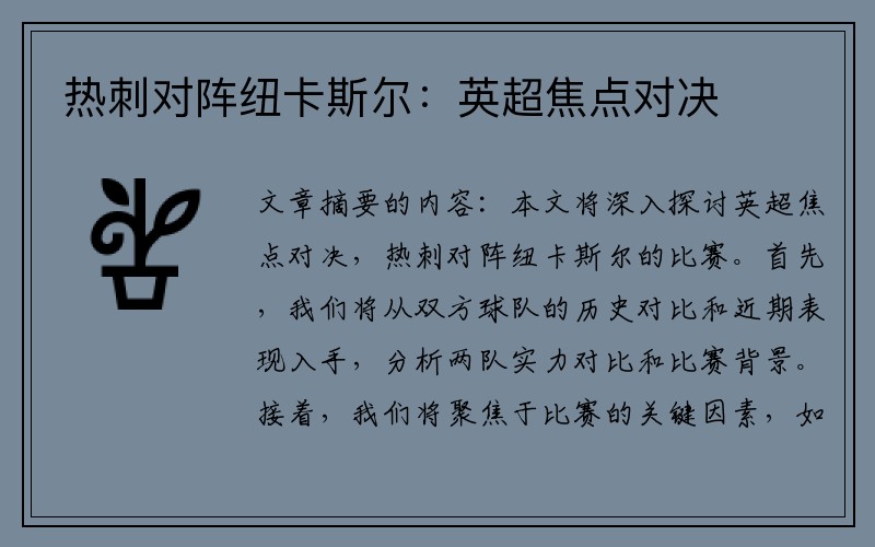 热刺对阵纽卡斯尔：英超焦点对决